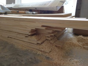 The baseboards planed down ready for installation. These are finger-jointed 1x4 boards planed down to 1/2" so they will sit flush with the drywall.