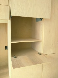 This is the fold-down, lift-up desk in the kitchen. A good place for keeping small appliances and coffee making gear out of the way.