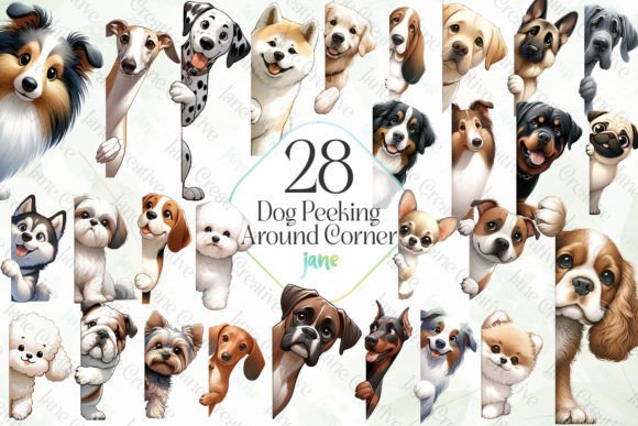 28 Dog Breeds Peeking Around Corner Illustration