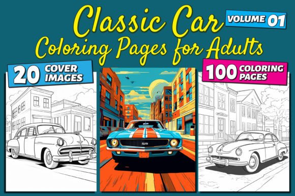 Classic Cars Coloring Book Cover with Vintage Automobiles