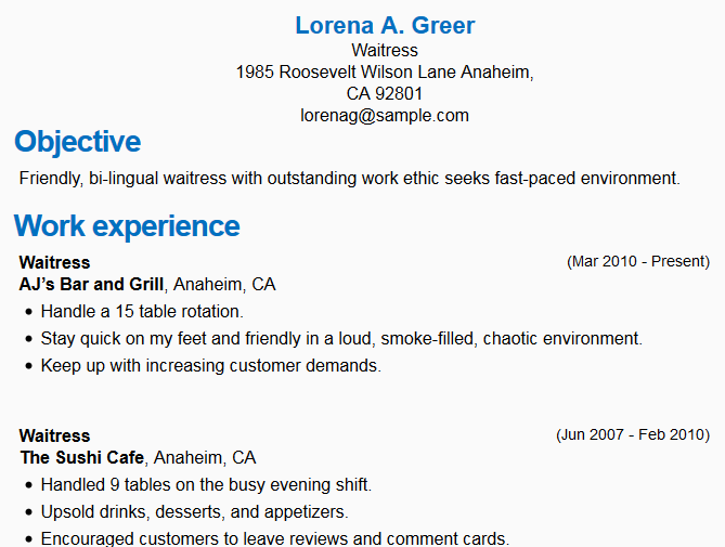 Tasks of a waitress for resume