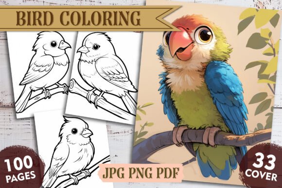 Cute bird coloring pages with vibrant example and line art