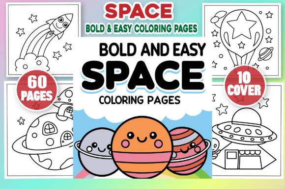 Space Bold & Easy Coloring Book Cover with planets, stars, and spaceships