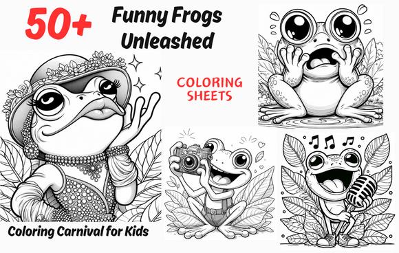 Funny frog coloring pages featuring cartoon frogs in playful poses