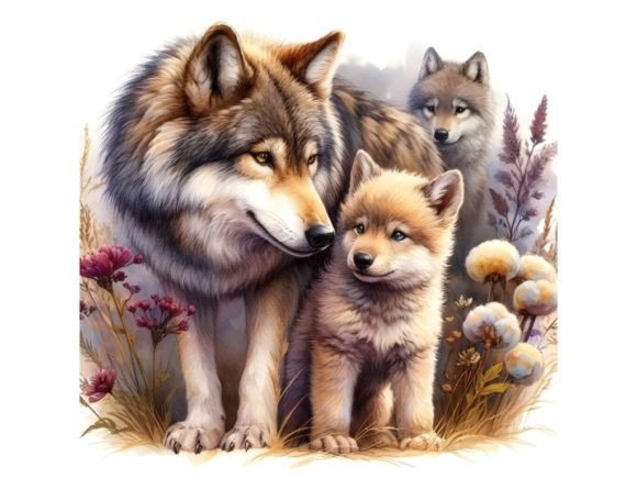 Serene scene of a wolf and pup in a wildflower field with daisies, sunflowers, and lavender under a clear blue sky