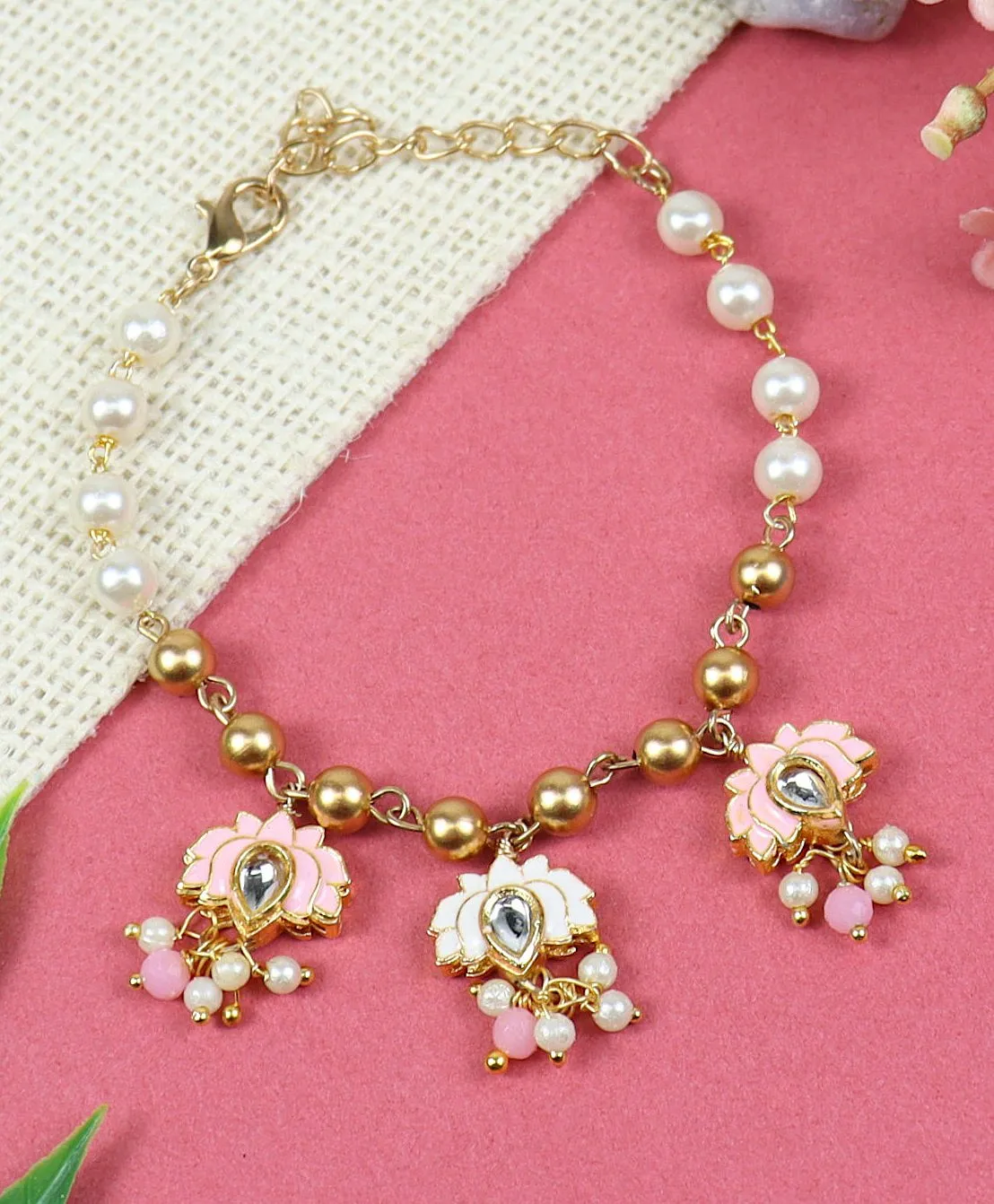 Kundan Stone Embellished Lotus Designed Bracelet - Pink