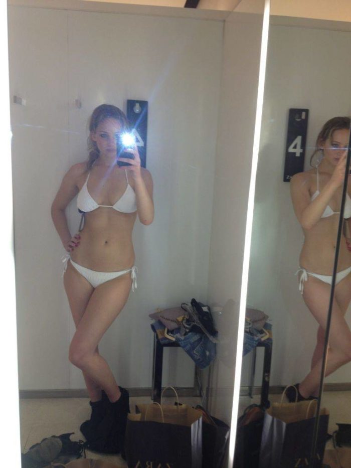 hacked pic of jennifer lawrence in white bikini taking a cell phone pic