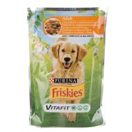 Hrana umeda pentru caini Friskies Adult cu pui si morcovi 100g