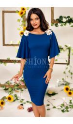 Rochie Emilie albastra smarald cu aplicatii florale