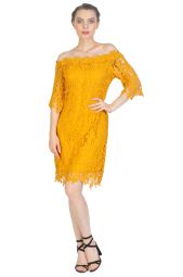 Rochie eleganta mustar din broderie florala 4911M