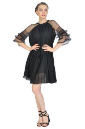 Rochie neagra plisata cu maneca tull A977 NG