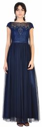 Rochie de ocazie bleumarin lunga cu broderie bust si tull 8054 BM