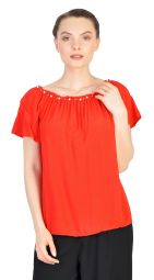 Bluza casual rosie cu perle decolteu 9028 R