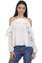 Bluza casual alba cu snur si volan 1002 A