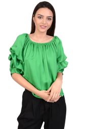 Bluza verde din satin cu maneca incretita 6890 V