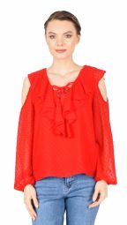 Bluza casual rosie cu volan decolteu 2702 R