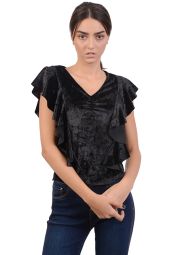 Bluza neagra din catifea cu volan vertical 2883 NG