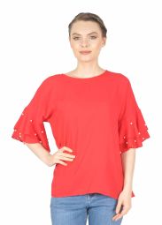 Bluza rosie casual cu perle maneca 862 R