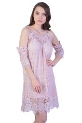 Rochie casual roz din dantela crosetata cu umeri goi W1403 R