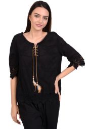 Bluza neagra din bumbac brodat OM003 NG