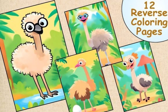 Cute Ostriches Reverse Coloring Pages