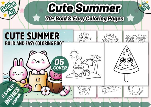 Cute Summer coloring book cover featuring cartoon cat, rabbit, and summer-themed illustrations