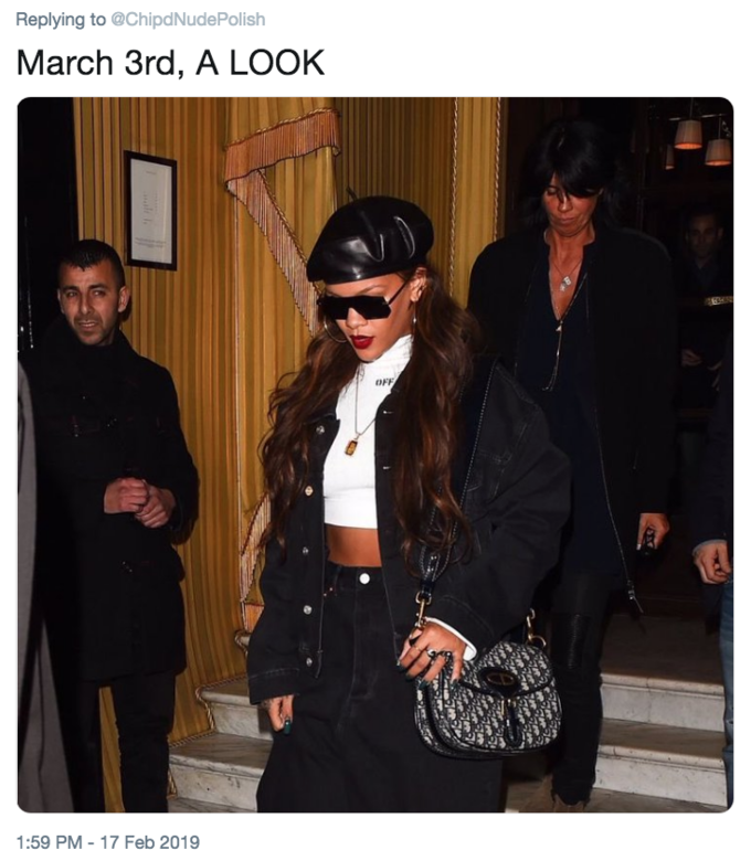 March 3rd, A LOOK Replying to @ChipdNudePolish March 3rd, A LOOK 1:59 PM-17 Feb 2019 Rihanna Drake Eyewear Fashion Snapshot Blazer Outerwear