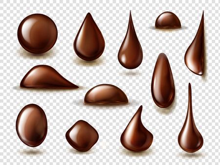 Drops of liquid chocolate isolated on transparent background. vector realistic mockup of sphere and drips of brown cream, molten dark chocolate, cocoa caramel or syrup