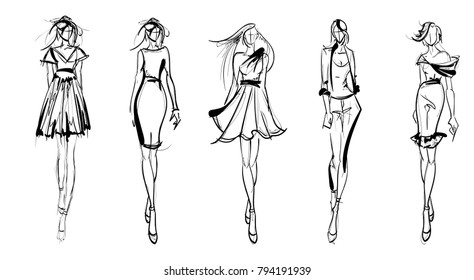 Stylish fashion models. Pretty young girls. Fashion girls Sketch