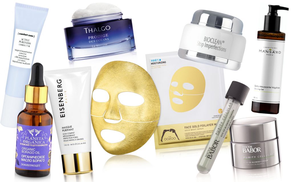 Корректор Comfort Zone Active Pureness Corrector; органическое масло «Бораго», PLANETA ORGANICA; маска Eisenberg Purifying Mask; маска Thalgo Le Masque; золотая маска Оozoo; средство для проблемной кожи Methode Cholley Bioclean; очищающий гель Mansard; набор SOS против угревой сыпи Babor