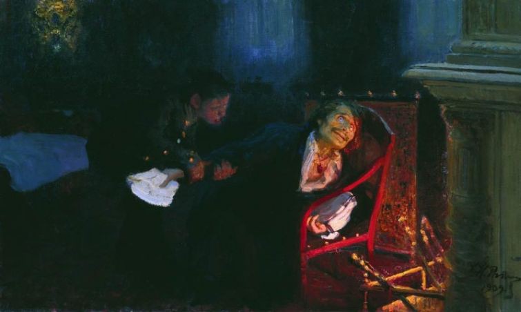 «Гоголь сжигает рукопись второй части "Мертвых душ"», Илья Репин, 1909 год. Крепостной мальчик Семенов пытается удержать Николая Васильевича. история, смотреть, фото