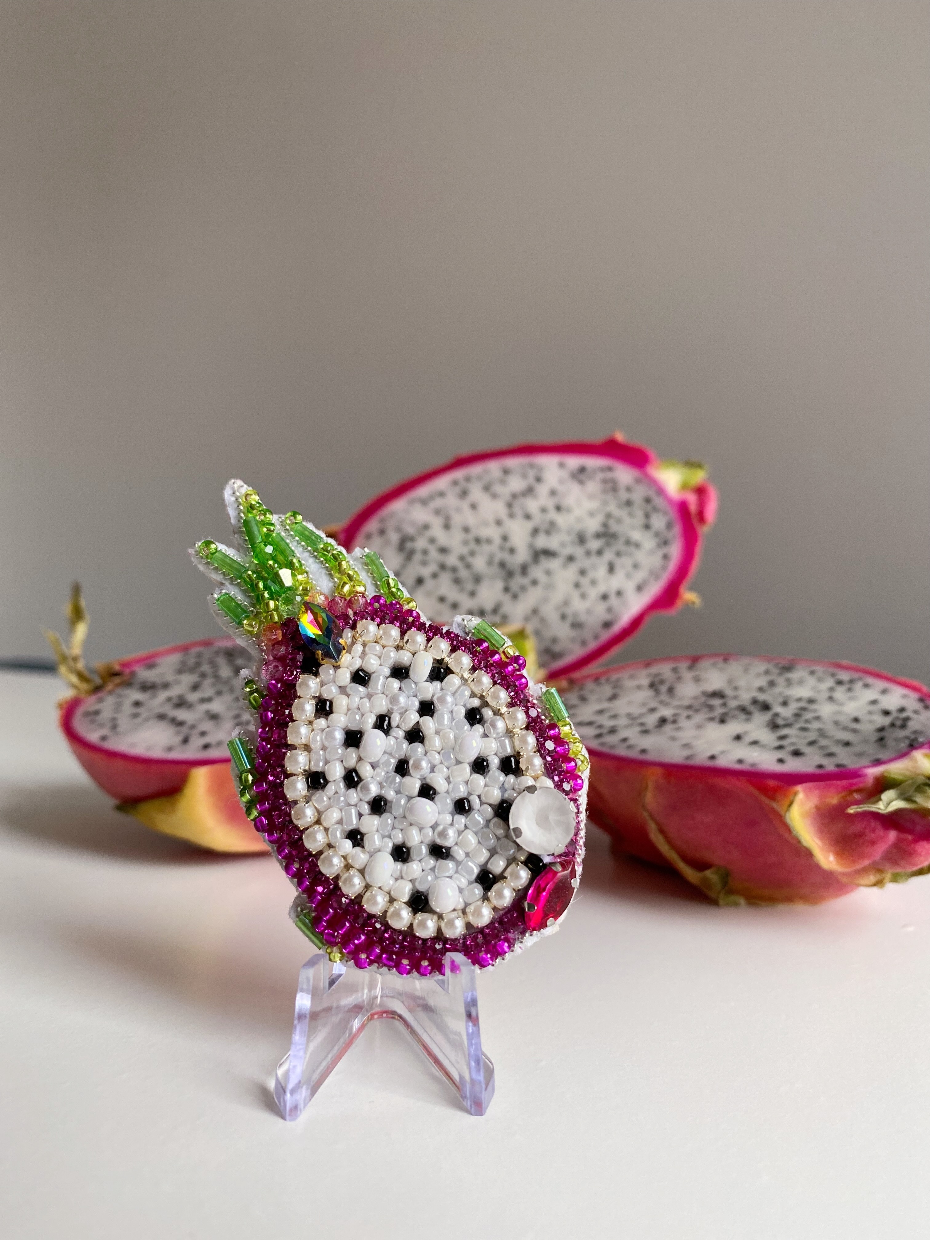 Handmade Beaded Brooch Dragon Fruit - Image 2