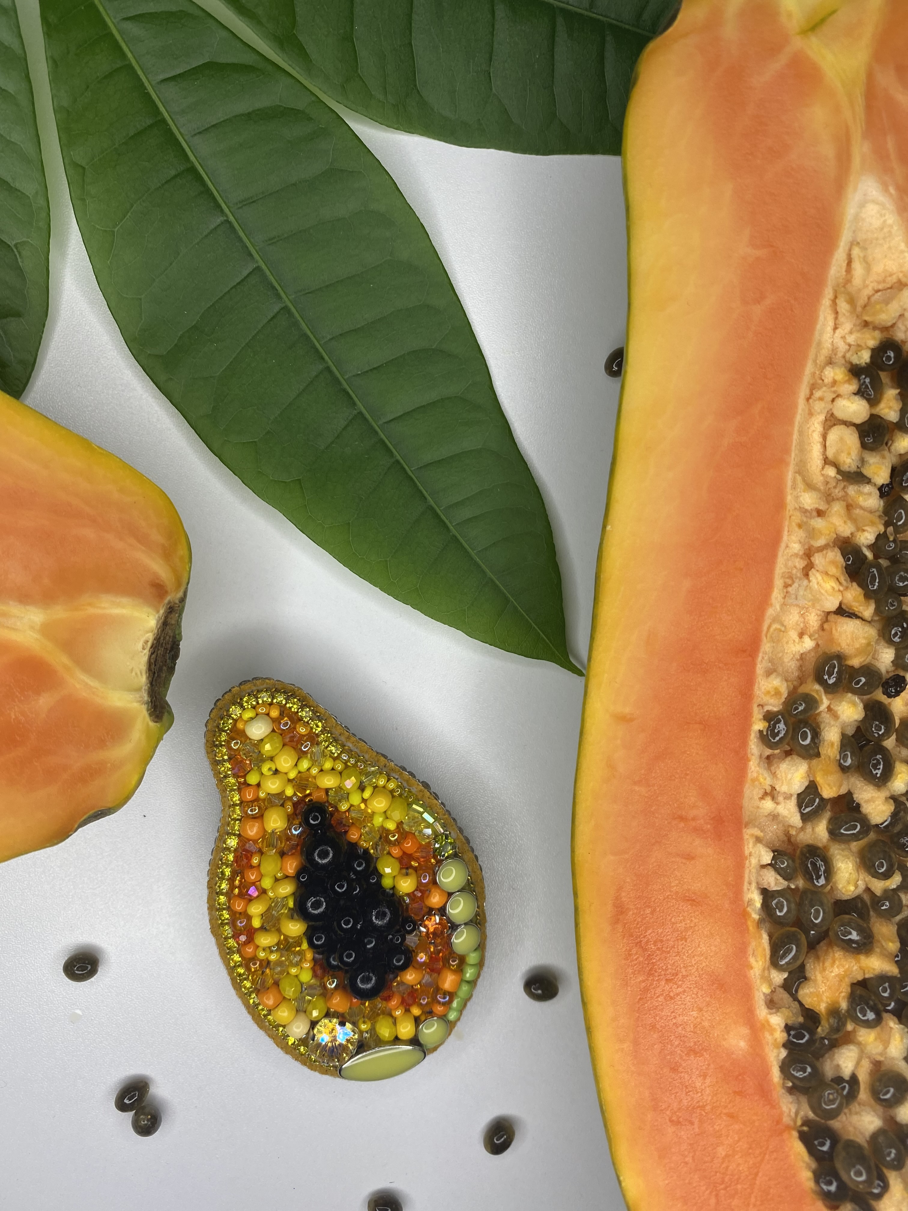 Papaya Beaded Brooch Handmade - Image 3