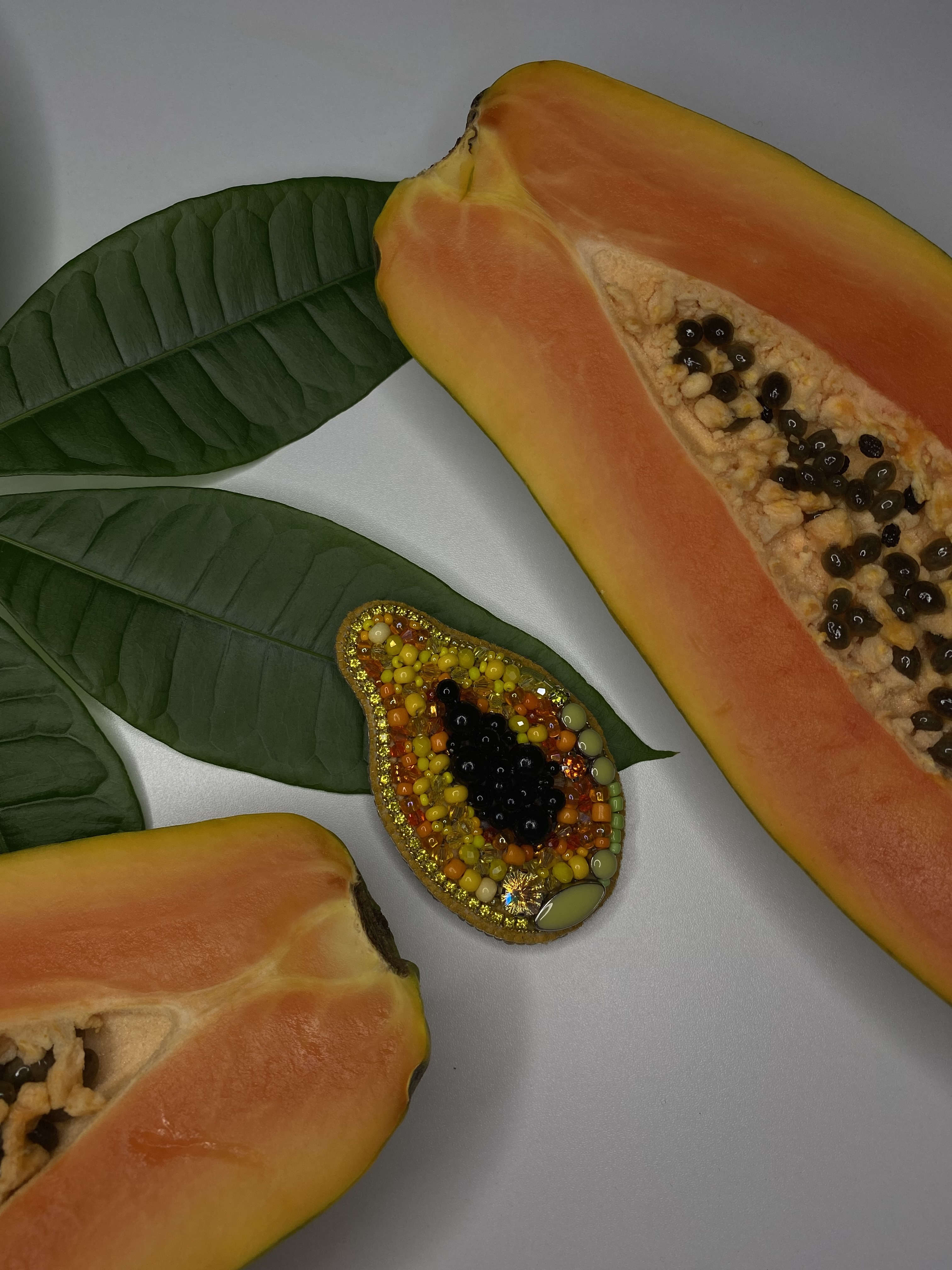 Papaya Beaded Brooch Handmade - Image 2
