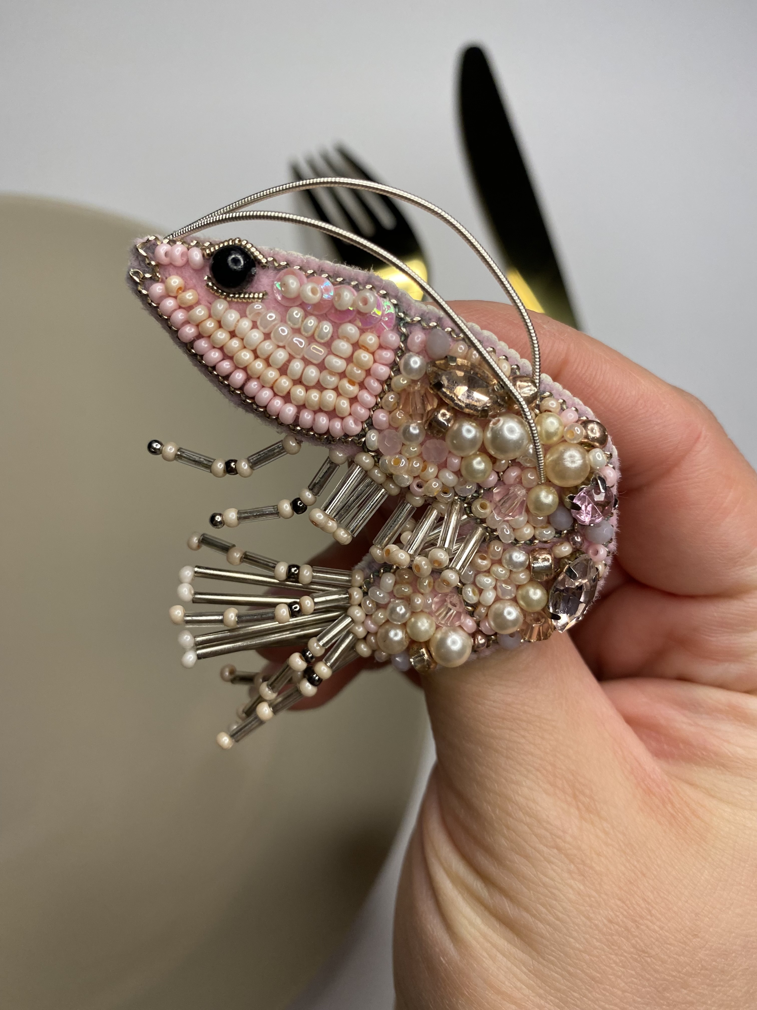 Shrimp Beaded Brooch Handmade - Image 3