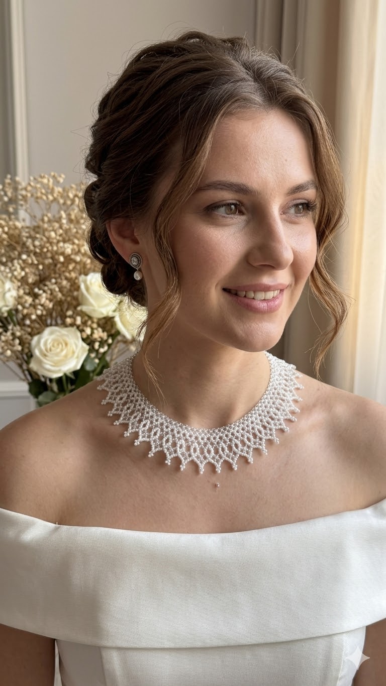 Handmade White Beaded Choker Necklace - Image 1