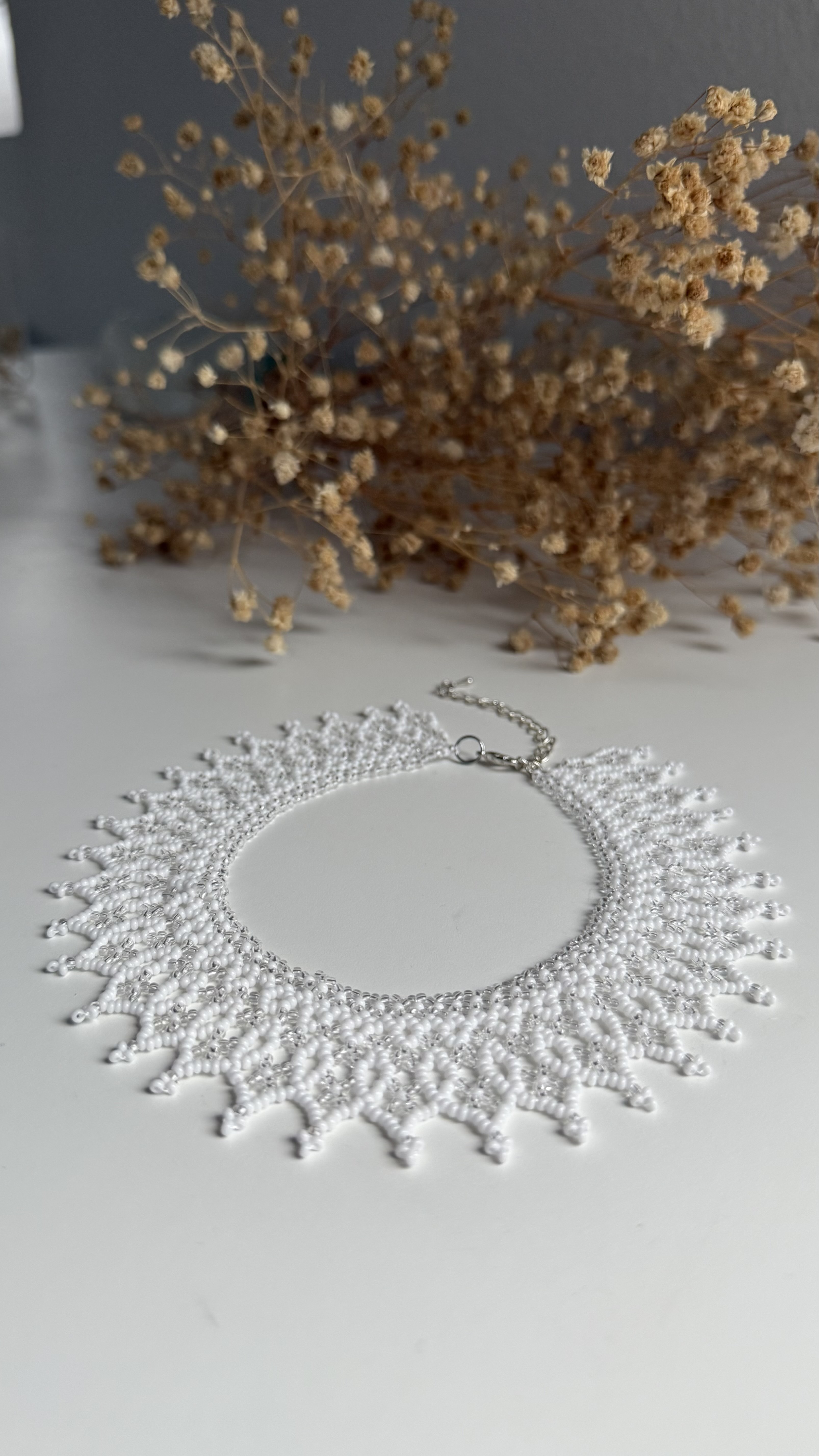 Handmade White Beaded Choker Necklace - Image 4