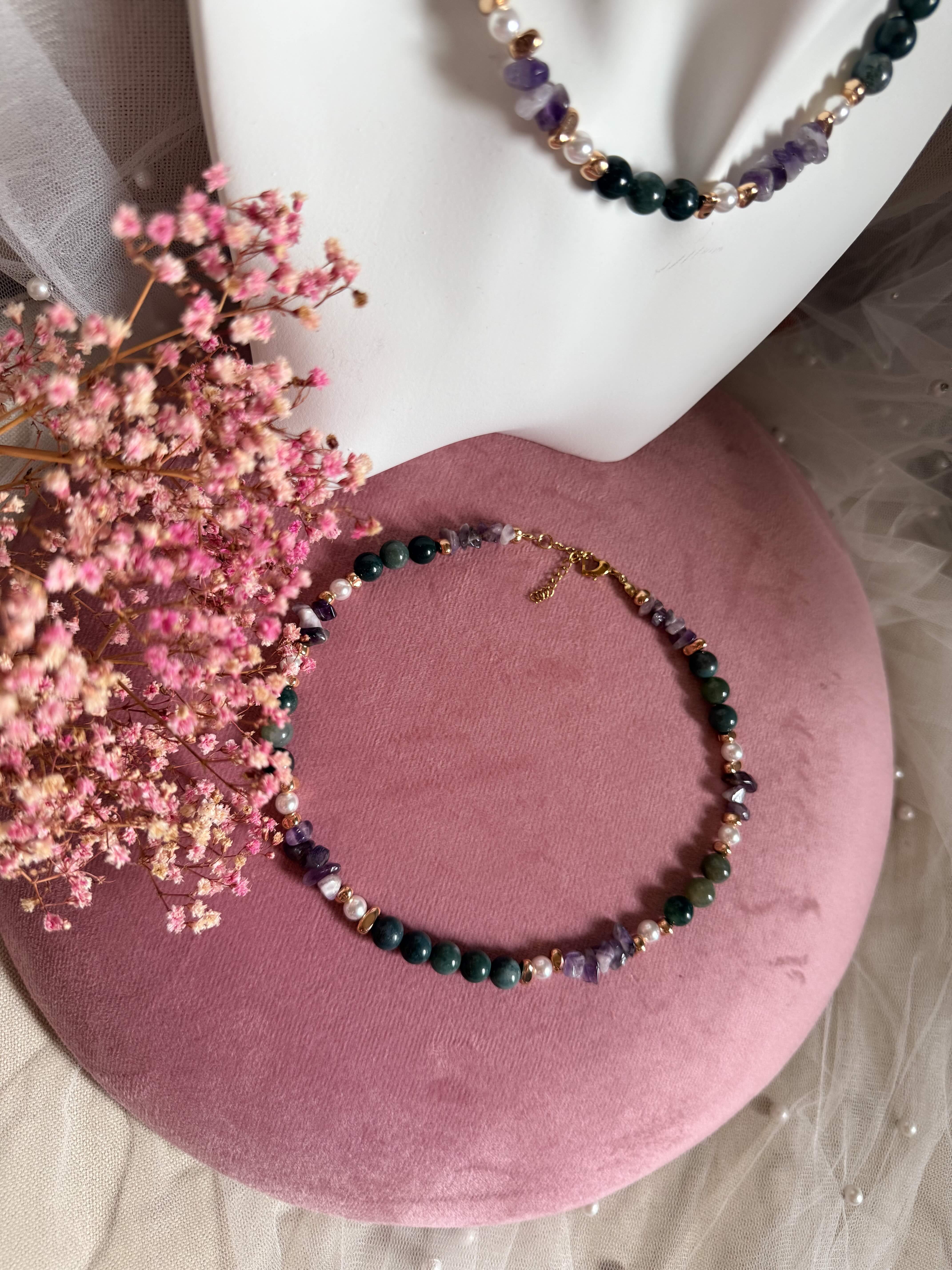Handmade Emerald & Amethyst Style Choker — Multi-Gemstone Beaded Necklace - Image 2