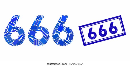 Mosaic 666 digits text and rubber stamp seal with 666 text. Mosaic vector 666 digits text is formed with random rectangles. 666 stamp seal uses blue color.