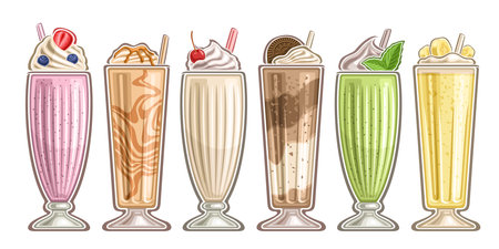 Vector milkshake set, group of cut out illustrations assorted milkshakes with soft serve ice cream and garnish, banner with collection of 6 milky cocktails in outline tall glasses on white background.