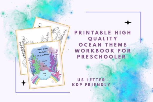 Ocean theme coloring book cover with rainbow fish and educational elements for preschoolers