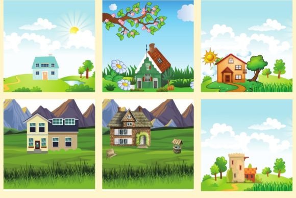 Serene village houses with backyard landscapes coloring page