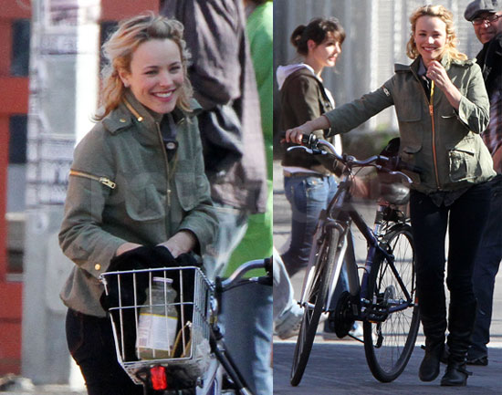 Rachel Mcadams riding her bicycle in Toronto Canada