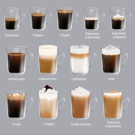 Coffee types set, vector realistic isolated illustration