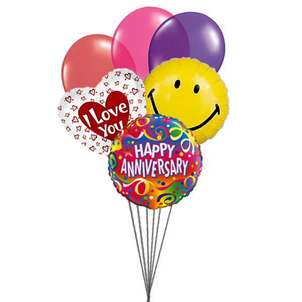 Smiley Anniversary balloons with love (3 Latex & 3 Mylar Balloons)