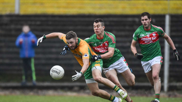 Micheal Lundy and Darragh Sheehy collide during the 2016 AIB Connacht SFC Club Final.