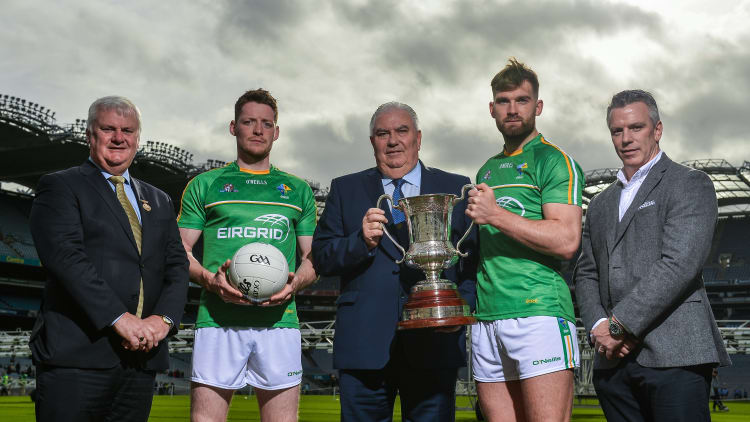 Uachtarán Chumann Lúthchleas Gael Aogán Ó Fearghail, Ireland vice-captain Conor McManus, Ireland manager Joe Kernan, Ireland captain Aidan O Shea, and selector Pádraic Joyce at the announcement of the Ireland International Rules panel.