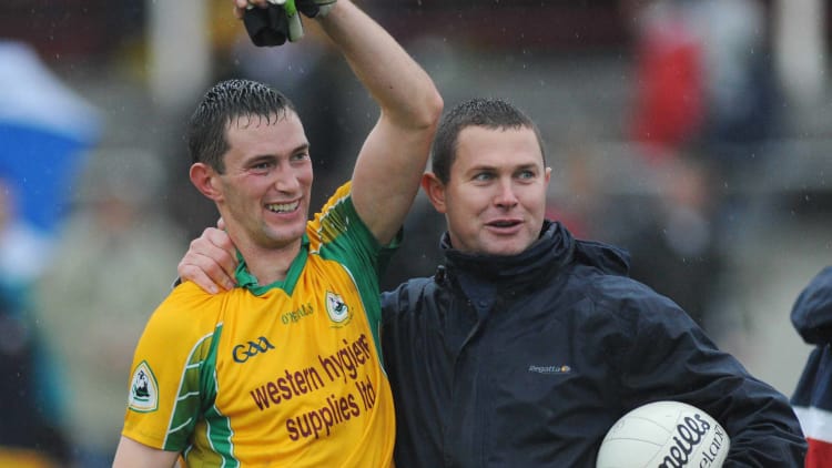 Current Mountbellew-Moylough manager Michael Donnellan celebrating with his brother, Aidan Donnellan, after Corofin won the 2009 Galway SFC replay between the teams.