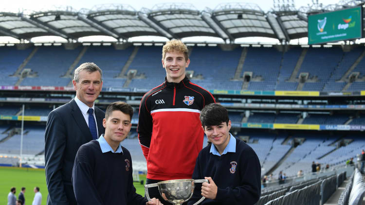 Colm O Rourke, Daniel Flynn, Dylan Keating, and Aaron Lynch pictured ahead of the Top Oil Br Bosco Leinster Schools Senior A Football Championship draw.
