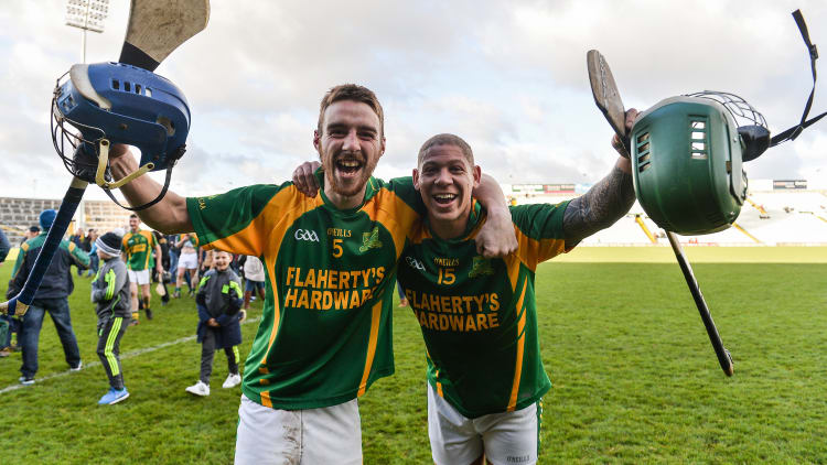 Sean Dowling and Adrian Royle, celebrating after Kilmoyley defeated Monaleen in the Munster Intermediate Hurling Championship Semi-Final.